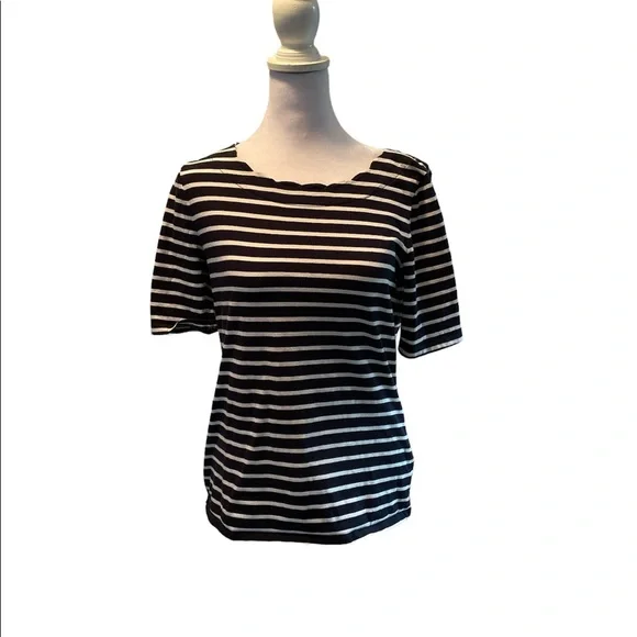 Talbots Navy & White Striped Short Sleeve Scallop Round Neck Women’s Tee Small - Picture 3 of 12